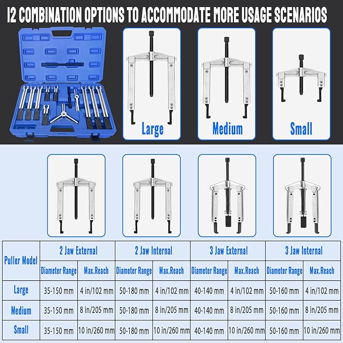 Gear Puller Set, 6 in1 Bearing Puller Kit, 13Pcs 2 Jaw & 3 Jaw Gear Puller with Reversible Jaws, Heavy Duty Cr-V Steel Pulley Flywheel Puller Tool for Bearing Gear Pulley Flywheel Removal