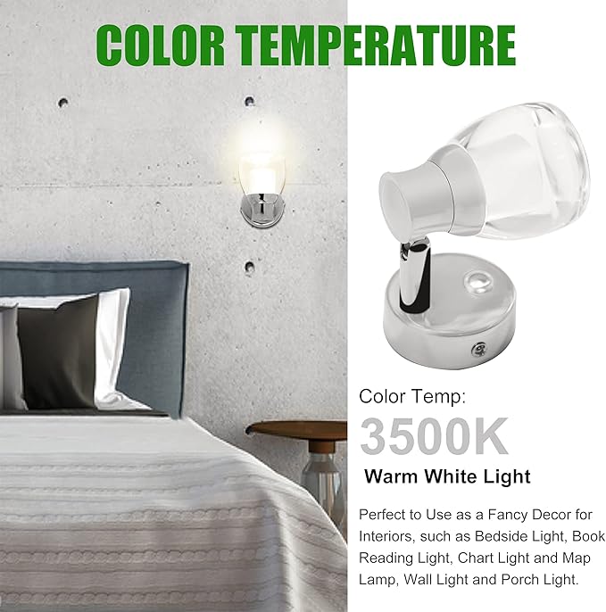 12 Volt LED Reading Light, Acrylic Rotatable Spotlight for RV Boat Camper Van Yacht Bedside Lamp with Touch Switch and Blue Circle Night Light, RV Wall Sconce Lights, Pack of 2