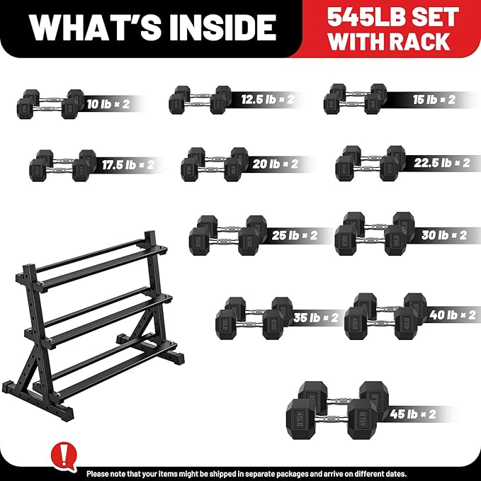 PAPABABE Hex Dumbbell Set with Rack, Rubber Encased Free Weight with Weight Storage Racks, Multiple Weight Options for Home Gym and Fitness