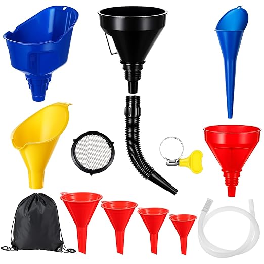 Maxdot 11 Pcs Oil Funnel Set with Storage Bag, Plastic Wide Mouth Flexible Fuel Funnel with Long Hose and Filter Long Neck Spill Saver for Automotive and Kitchen Use, Gas, Coolant, Other Fluids