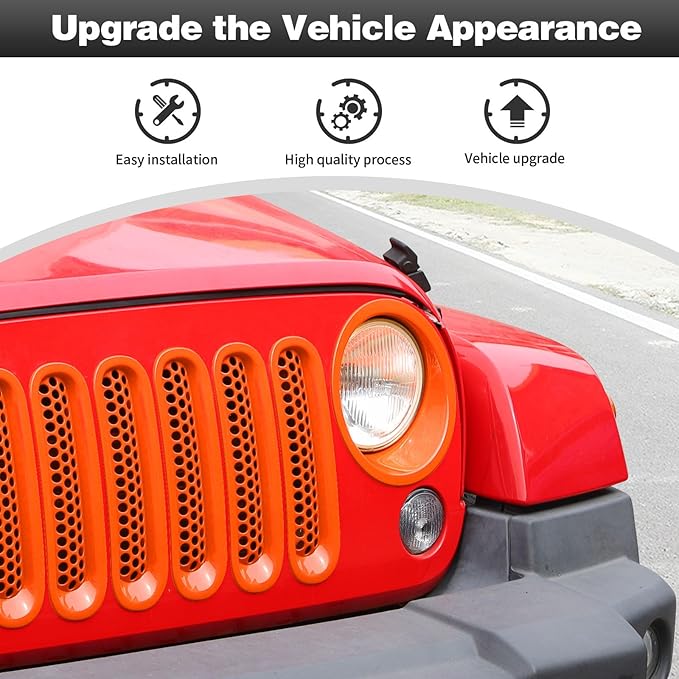 CheroCar for JK Mesh Grille Grill Insert & Headlight Cover Trim Exterior Accessories for Jeep Wrangler JK 2007-2017,Orange…