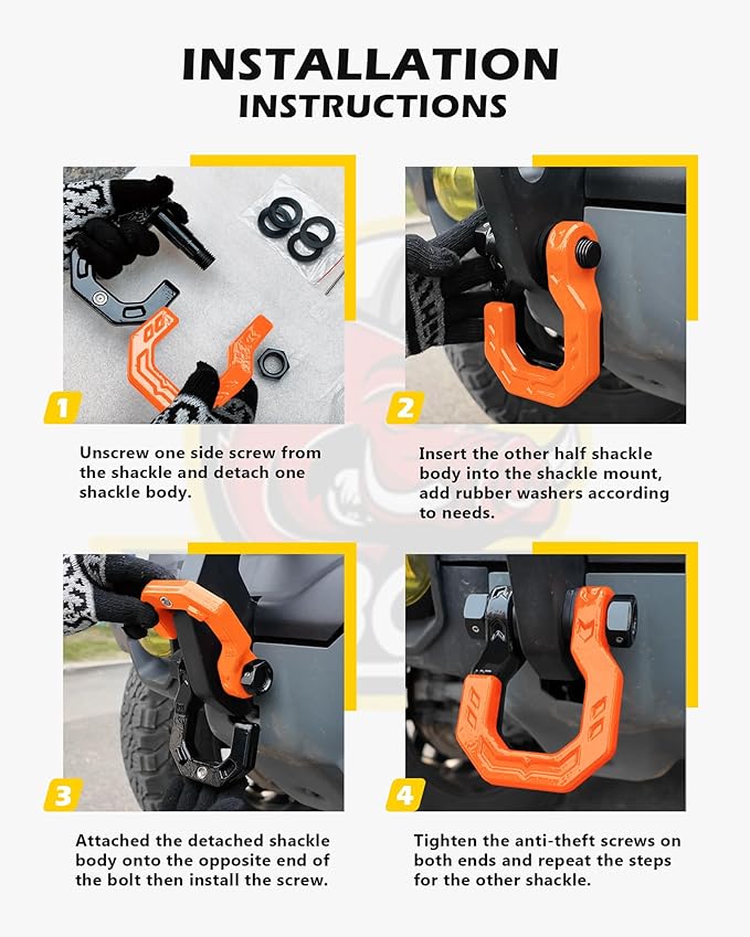 Separate D-Ring Shackles, 2Pack 3/4" Separate D-Ring Shackles 7/8" Pin, 57320lbs Breaking Strength, Heavy Duty Forged Steel, D-Ring Towing Winch Shackle for Recovery, 4x4 Off-Road, BlackOrange