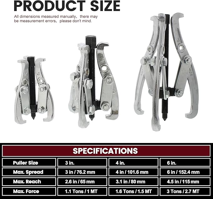 Motor Tech Gear Puller Set, 3" 4" 6" 8'' 3 Jaw Puller Kit for Pulley Gear Bearing Flywheel Removal, Heavy Duty Pulley Puller with Reversible Jaws Bearing Puller Tool Kit (3'' 4'' 6'')
