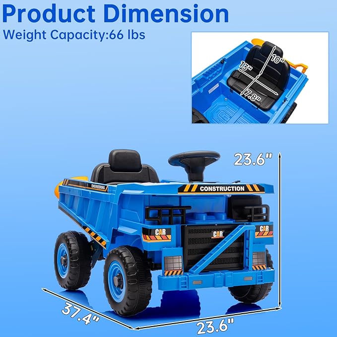12V Ride On Construction Truck, Battery Powered Ride On Car with Remote Control, Kids Electric Vehicle with Shovel, Speaker, Blue