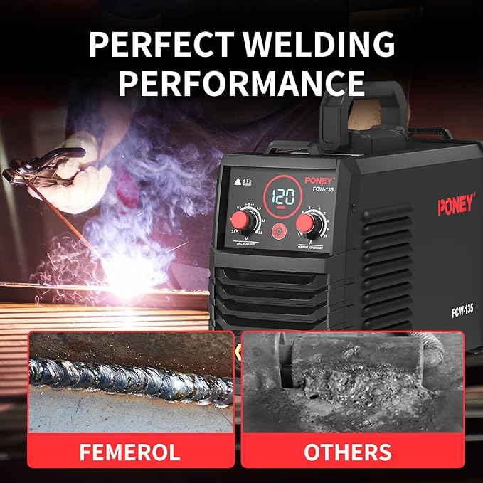 PONEY 120A Flux Core MIG Welder 110V - 3 in 1 Gasless MIG/Stick/Lift TIG Welding Machine with Synergic Control IGBT Inverter Multi-process Portable Wire Feed Welder