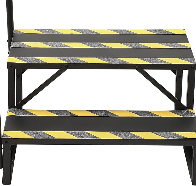 RV Steps with handrail, 2 Steps Mobile Home Stairs Steps Outdoor, Hot tub Steps with handrail & Reflective Strips. Portable Stairs for Travel Trailer, Motor Home (Matt Black)