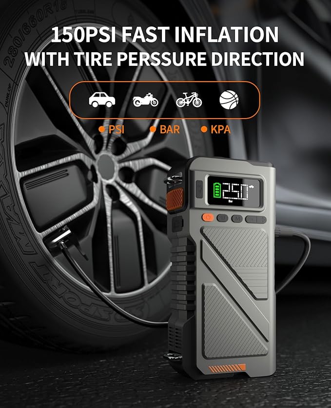 Portable Car Jump Starter with Air Compressor, 8000A Jump Box Combo 150PSI Tire Inflator, 12V Vehicle Jumpstarter Power Pack for All Gas/12L Diesel