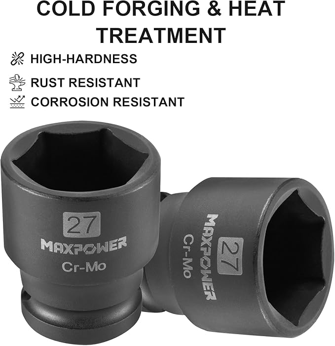 MAXPOWER 1/2 Inch Drive 27mm Standard Impact Socket, Made with Heat-Treated Chrome Molybdenum Steel, 6-Point Design, Metric