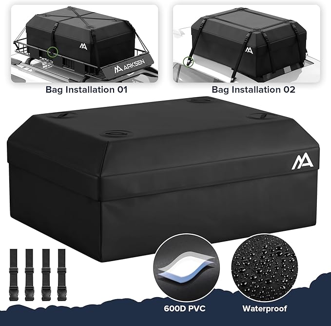 ARKSEN 64 x 34 x 6 Inch Universal Roof Rack with Extension, 600D Waterproof Bag, 2 Ratchet Straps&Net, 150 LBS Capacity Heavy Duty Rooftop Cargo Basket for SUV, Truck, RV, Pickup