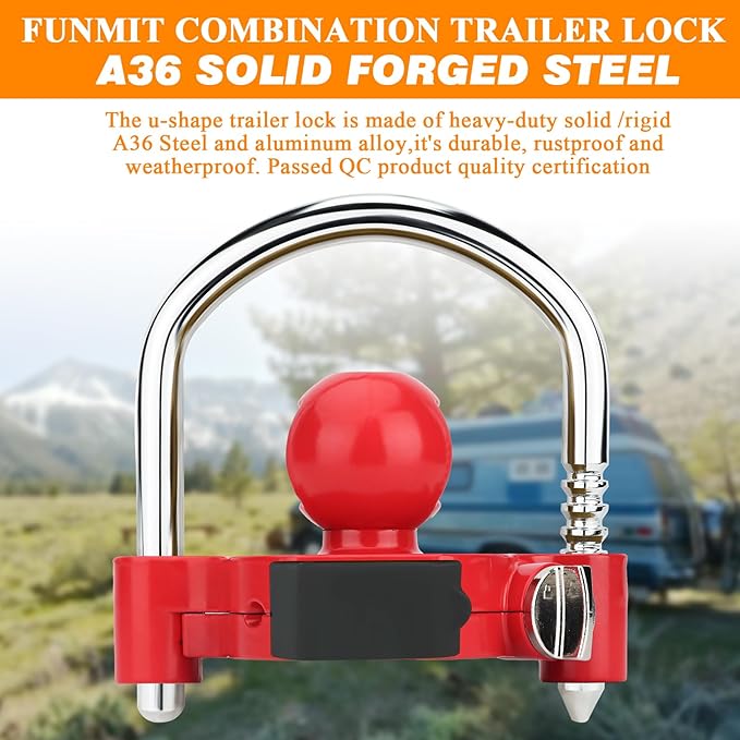 Funmit Trailer Lock Universal Hitch Lock with Combination Lock, fit 1-7/8", 2", 2-5/16" Coupler, Camper Accessories for Travel Trailers Boats Trucks Rvs Red