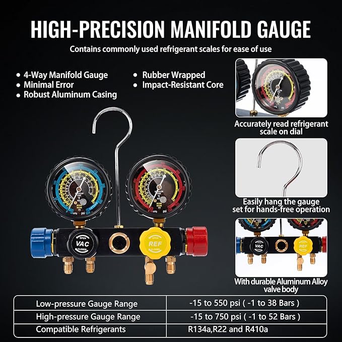 4.5 CFM AC Vacuum Pump and Gauge Set,for Mini Split/HVAC/Auto Systems,Manifold Gauge Kit Fits R134a R22 R410a,with Leak Detector,Upgraded Trifold Storage Case,4 Hoses,R134a Can Tap