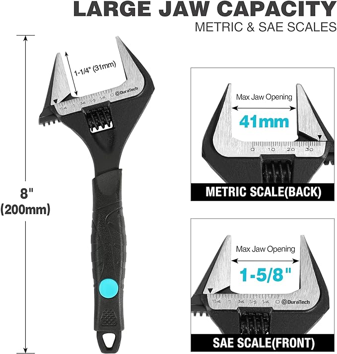 DURATECH 8-Inch Adjustable Wrench, Wide Jaw Opening Black Oxide Finish Plumbing Wrench, CR-V Steel, SAE and Metric Scale Marked, Ergonomic Grip