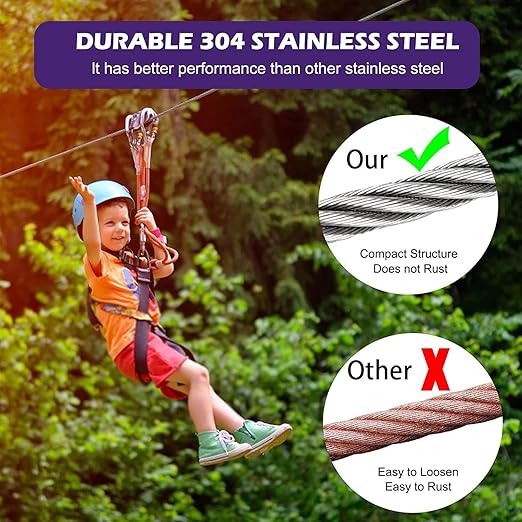 1/4" Stainless Steel Cable, 400 ft, 7X 19 Strands Wire Rope, 6400lbs Breaking Strength, Steel Aircraft Cable for Yard Zipline, Deck Railing, Boat Lifts, Dog Run, Straightening Trees