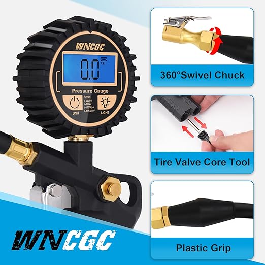 Digital Tire Pressure Gauge with Inflator, 250PSI Air Chuck Compressor Accessories with Quick Connect Coupler Heavy Duty Tire Inflator Gauge, 0.1 Display Resolution for Truck,RV, SUV
