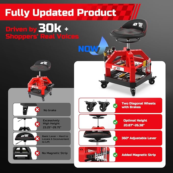 Rolling Shop Stool for Garage with Casters, DO02-Adjustable Height 360° Swivel Shop Seat with Tool Tray Storage, 330 LBS Capacity Padded Mechanic Stool, Magnetic Tool Hold, Heavy Duty, Red