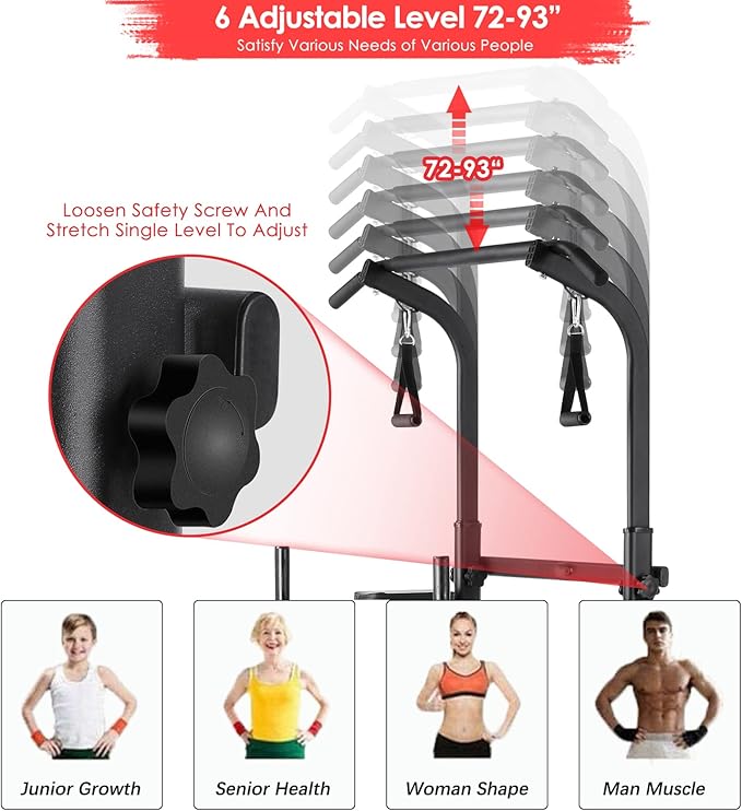 TLSUNNY Power Tower with Bench, Pull Up Bar Dip Station, Power Tower Dip Station, Training Workout Equipment, Height Adjustable Pull Up Tower w/Folding Bench 4 Ropes, Strength Training, Home Gym