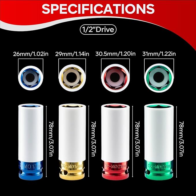 1/2" Drive Lug Nut Impact Socket Set,4 PCS Wheel Impact Socket,CR-MO, 6 Point, Color-Coded Protective Socket,Metric Size(17-19-21-22mm) Thin Wall Socket Set