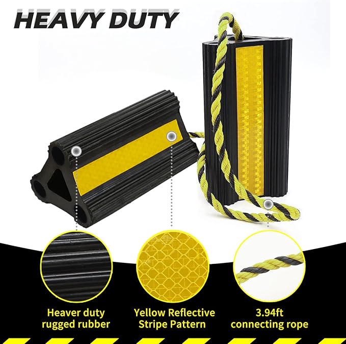 Wheel Chocks for Travel Trailers Camper RV Truck Car, Solid Rubber Sturdiness Heavy Duty Simple Easy to Use, Tires Chock Block Stopper with Nylon Rope Yellow Reflective Tape [8.2" 2pair/4pack]