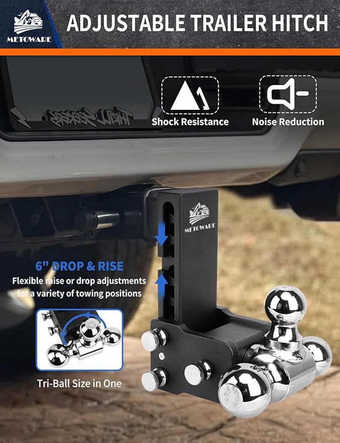 METOWARE Trailer Hitches, Adjustable Trailer Hitch Ball Mount-Fits 2.5" Receiver-Heavy Duty Drop Hitch, Tri-Ball (1-7/8" x 2" x 2-5/16") 6" Drop/Rise, 18,000 GTW and Anti-Theft Stainless Steel Lock