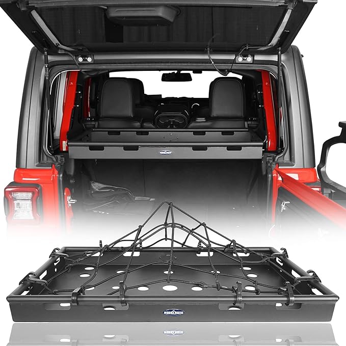 Hooke Road JLU Rear Trunk Cargo Cover Basket Rack Luggage Storage Carrier Tray for 2018-2025 Jeep Wrangler JLU 4-Door Hardtop & Sky One-Touch Power Top