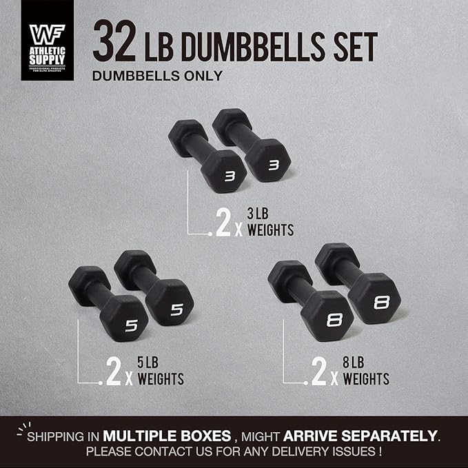 WF Athletic Supply Black Neoprene Dumbbell Set, Non-Slip & Hex Shape, Great for Muscle Toning, Strength Building & Weight Loss; Sizes, Dumbbells Only & w/Rack Options Available