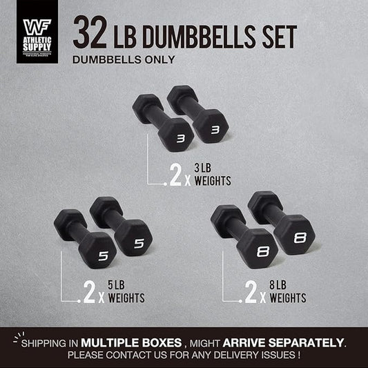 WF Athletic Supply Black Neoprene Dumbbell Set, Non-Slip & Hex Shape, Great for Muscle Toning, Strength Building & Weight Loss; Sizes, Dumbbells Only & w/Rack Options Available