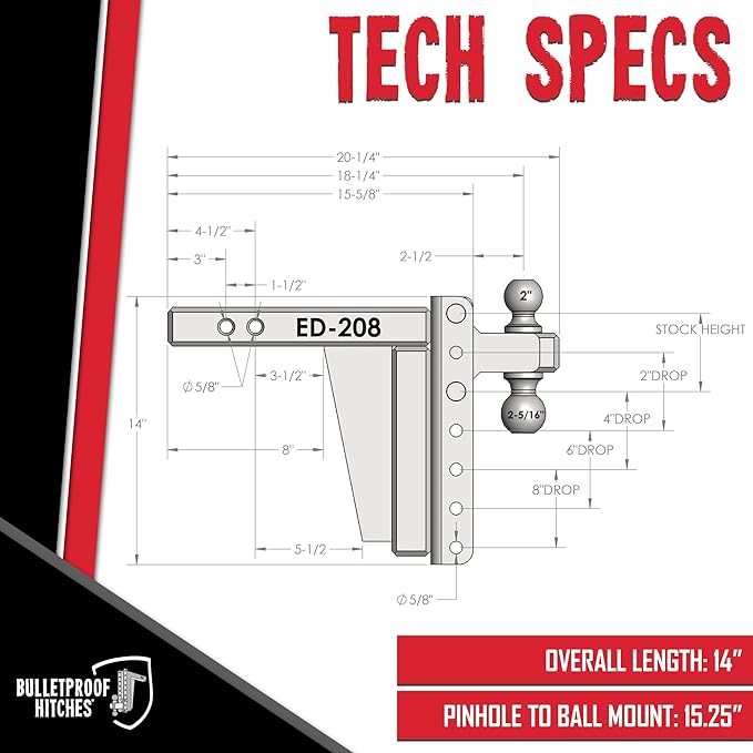 BulletProof Hitches - 2.0" Adjustable Extreme Duty Trailer Hitch (30,000 lb. Rating) - 8" Drop/Rise with 2" and 2 5/16" Dual Ball - Powder Coat, Solid Steel, Corrosion-Resistant