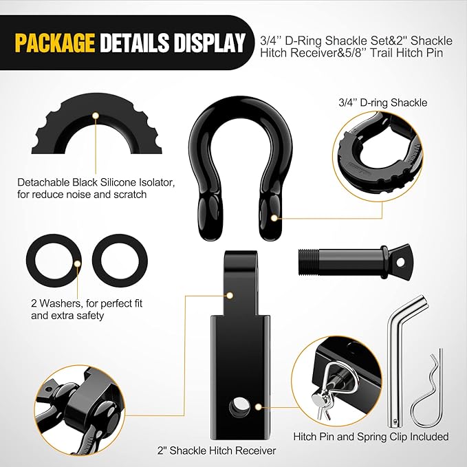 Nilight Shackle Hitch Receiver 2Inch 45000 LBs Breaking Strength 3/4" D Ring w/Trailer Pin Heavy Duty Solid Recovery Towing Kit for Trucks Jeeps Off-Road