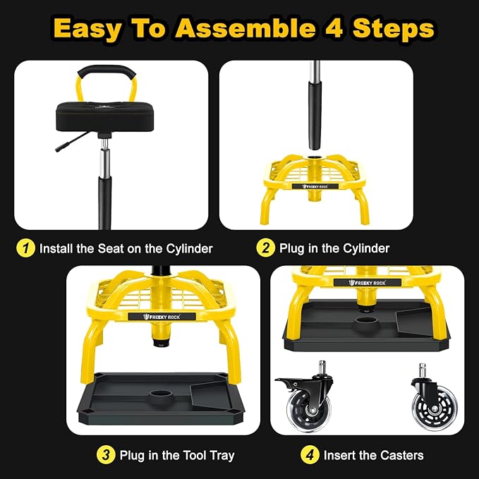 Rolling Shop Stool with Wheels, Garage Mechanic Shop Chair with Handle Backrest, Adjustable Height Work Stool, Roller Seat with Tool Tray Storage, Heavy Duty, 330 LBS Capacity, Yellow