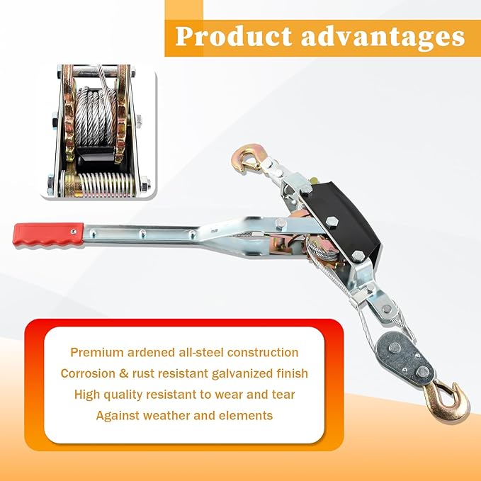 2 Ton Heavy Duty 3 Hook Steel Cable Dual Gear Power Puller Come Along Chain Winch Ratchet Tool with 3 ''Inch x 8' Foot Winch Strap, Tow Strap (30,000 BLS Capacity)