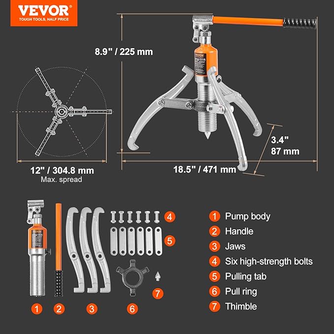 VEVOR Hydraulic Gear Puller, 15 Ton Max Capacity Wheel Bearing Pulling Separator, 2 or 3 Jaws Puller, Vertically and Horizontally, 12" Jaw Hydraulic Puller with Case for Pulling Hubs