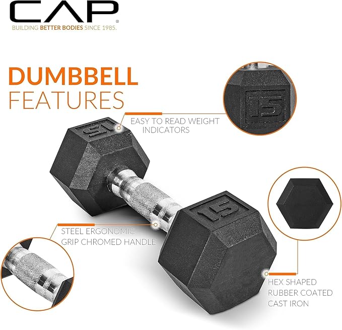 CAP Barbell Rubber Coated Dumbbell Weight Set with Vertical Rack | 100 lb, 150 lb, and 210 lb Options