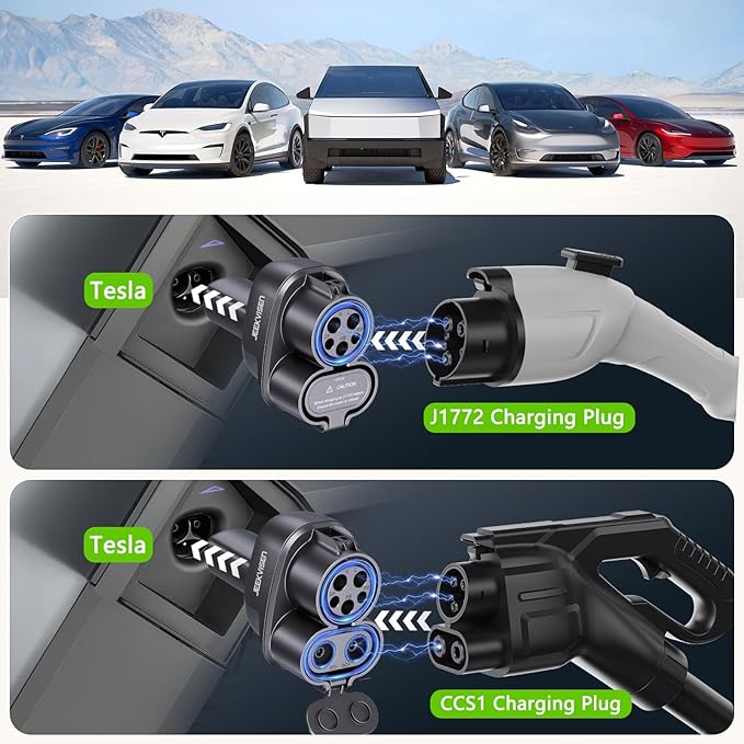 4-in-1 CCS & J1772 to Tesla Adapter, for Tesla Model 3/Y/S/X/Cybertruck at CCS1 DC Fast Chargers & J1772 Level 1/2 Stations, Compatible with All Tesla Models
