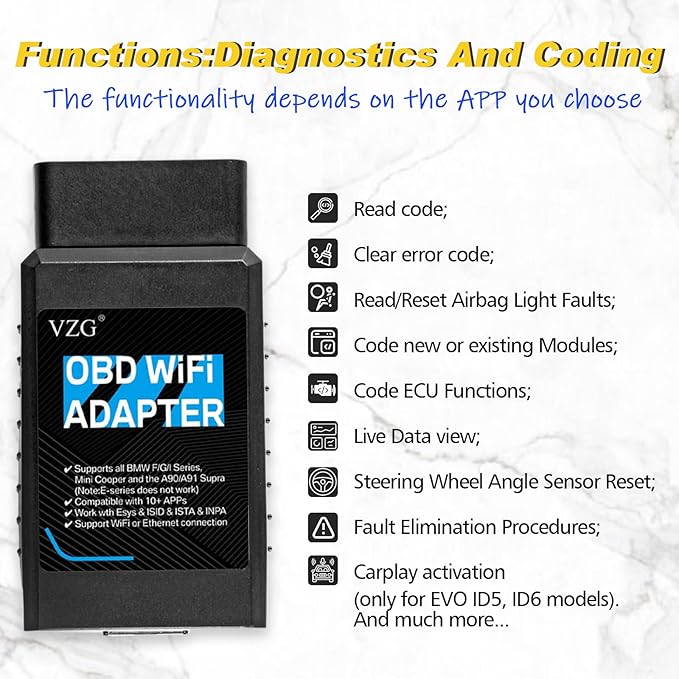 BM3 WiFi Adapter, Support Ethernet and WiFi to OBD2 Diagnostic&Coding Scanner Tool for BMW F/G/I/Mini Series,Compatible with BootMod3,BimmerCode,MHD,ISTA,Car Code Reader for iOS,Android,Windows