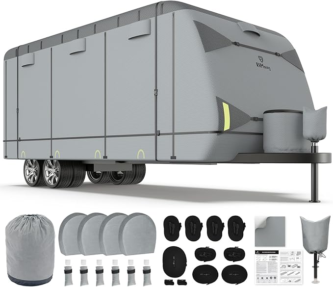 RVMasking Travel Trailer RV Cover 34-37ft, 7 Layers Extra-Thick Camper Cover Waterproof Windproof for Toy Hauler with 4 Tire Covers & Tongue Jack Cover & Propane Tank Cover, Light Gray