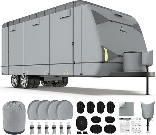 RVMasking Travel Trailer RV Cover 34-37ft, 7 Layers Extra-Thick Camper Cover Waterproof Windproof for Toy Hauler with 4 Tire Covers & Tongue Jack Cover & Propane Tank Cover, Light Gray