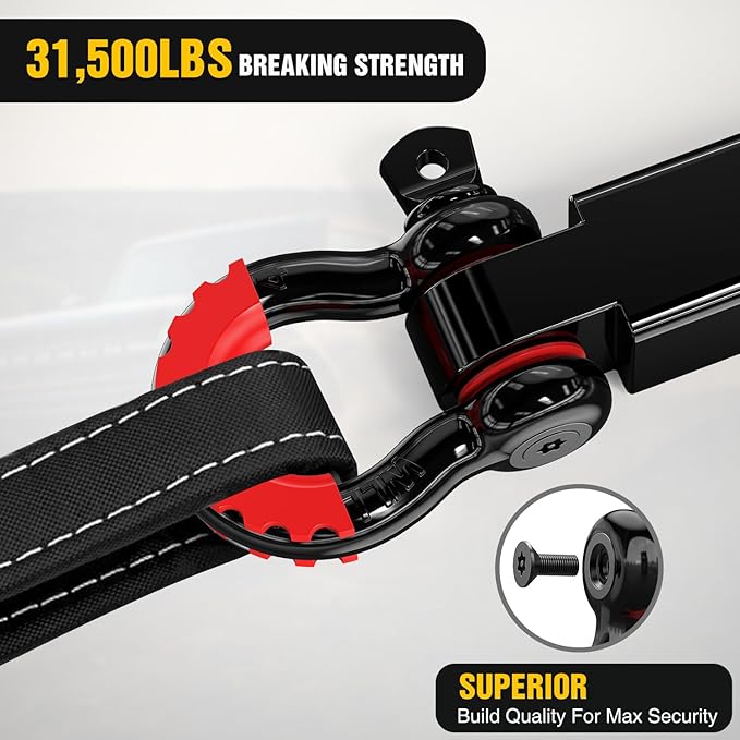 Nilight 3" x 20' Recovery Tow Strap Kit with 2" Hitch Receiver and 3/4" Anti-Theft D-Ring Shackles Storage Bag Heavy Duty Tow Rope for Car Truck SUV ATV (MBS 31500LBS)