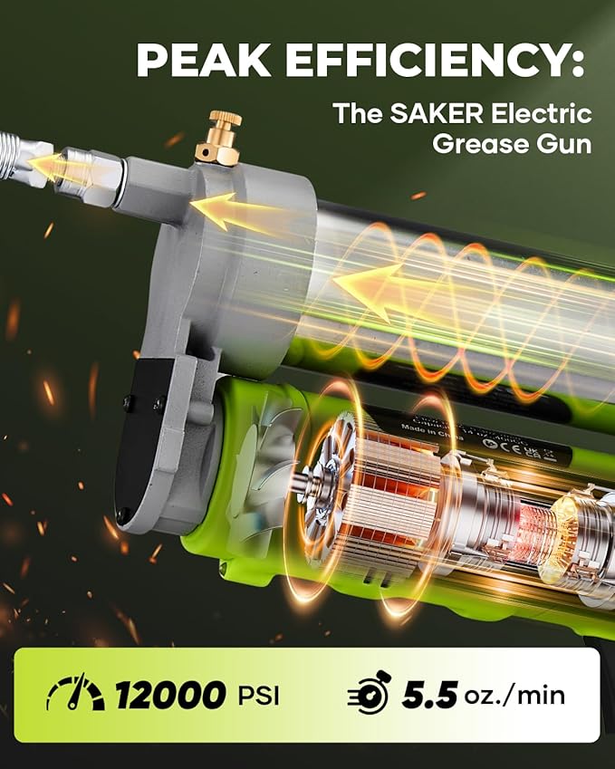 Saker Professional 12,000 PSI Cordless Grease Gun Kit - 2 * 2.0Ah Battery Powered Electric Grease Gun with 5.5 oz/min High Flow, LED Light & Flexible Hose for Automotive, Truck