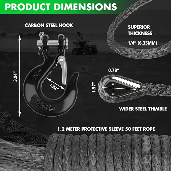 Synthetic Winch Rope, 1/4'' x 50ft 10,000LBS Synthetic Winch Line 1/4 Winch Cable Replacement Synthetic Rope with Forged Winch Hook and Rubber Stopper for 4WD Off Road Vehicle ATV UTV (Gray)