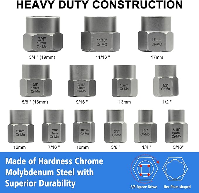 13Pcs Screw Extractor Set, Easy Out Bolt Extractor Kit with Bottom 3/8Inch Drive, Multi-Spline Extractors for Removing Damaged Broken Rounded Off Bolt & Nut Remover Set