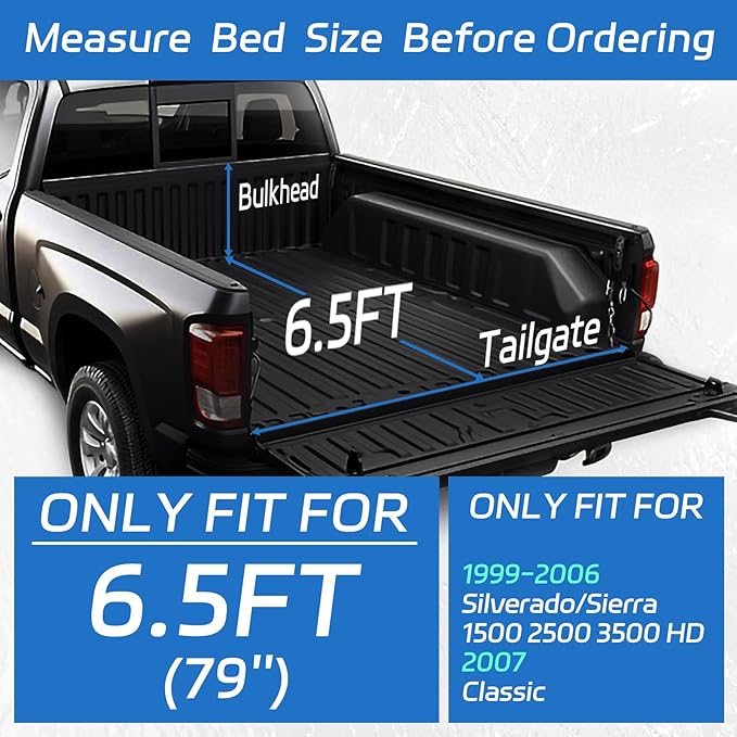 PZ Soft Roll Up Truck Bed Tonneau Cover Compatible with 1999-2006 Chevrolet Chevy Silverado GMC Sierra 1500 2500 3500 6.5 ft(78 in) Bed Fleetside（07 Classic Body）
