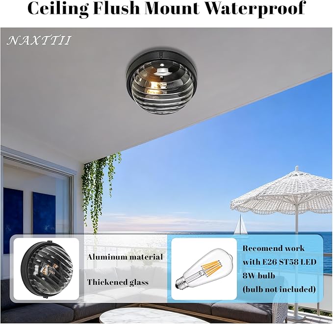10 Inch Bulkhead Light Fixture Aluminum Bulkhead Ceiling Light with Thickened Clear Glass Waterproof Outdoor Wall Lights for Porch Basement Balcony or Sauna Room E26 Socket UL Listed