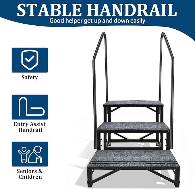 RV Steps with Handrail, Spa Steps Hot Tub Steps Trailer Steps Mobile Home Stairs for Camper, Hot Tub, Trailer with Anti-Slip Mats