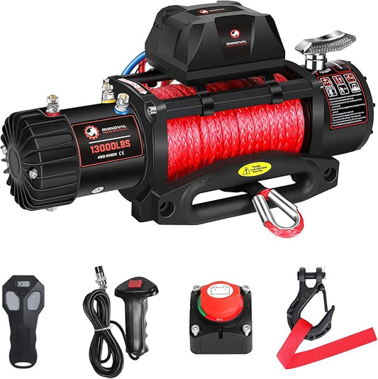 13000lb Electric Winch, Synthetic Rope, Battery Disconnect Switch, Low Profile Control Box, 12V, IP67 Waterproof, Wireless Remote, for Offroad Recovery SUV, Truck, Boat Trailers, Flatbeds