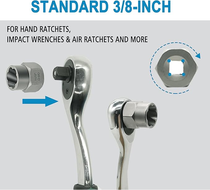 18-Piece Screw Puller Kit, Multi-Spline Hex Head, 3/8 Inch Drive Easy Removal Bolt Puller Kit for Removing Stripped, Rounded, Damaged, Broken, Screws and Bolts Removal Kit