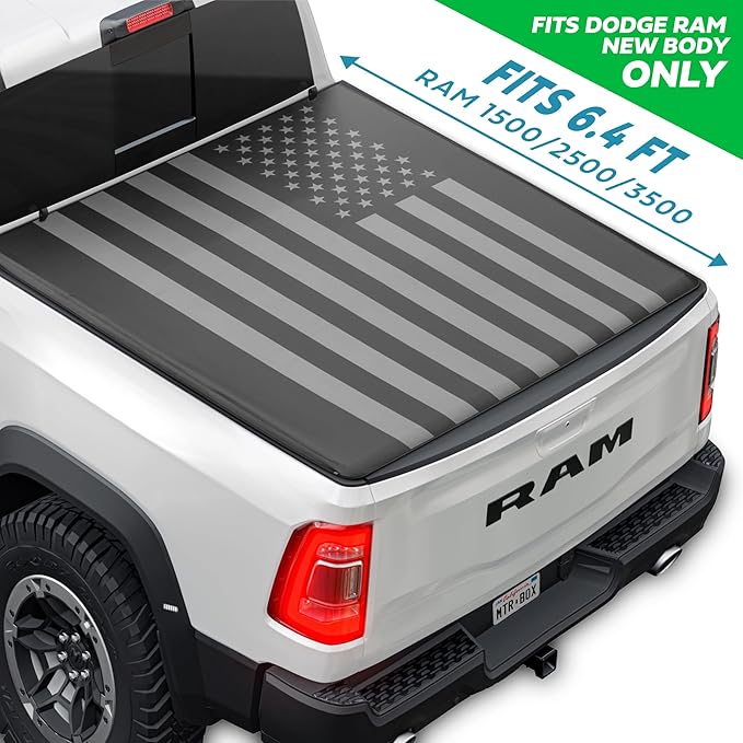 American Flag Truck Tonneau Cover for 2019-2025 Ram 1500 (New Body ONLY) / 2019-2024 Ram 2500 & 3500 with 6.4 ft Bed Length, All-Weather Soft Roll Truck Bed Cover for Truck (NO RAMBOX)