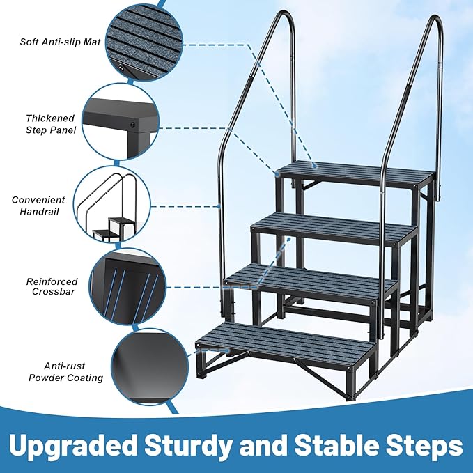 Rv Steps with Handrail 4 Step,Hot Tub Steps with Anti-Slip Mats,Heavy Duty Metal Mobile Home Stairs,Camper Steps for Travel Trailer,Portable Step Ladder for Spa,Pool and Porch