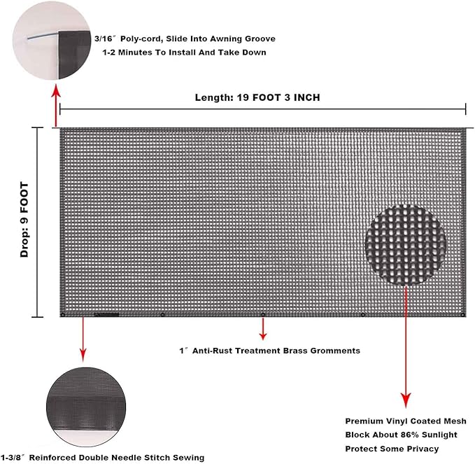 Tentproinc RV Awning Sun Shade Screen 9' X 19' 3'' (Fit for 20' Awning) Mesh Sunshade UV Blocker for RV Awning Sunscreen Motorhome Camping Trailer Awning Shadescreen - 3 Year Warranty (Brown)