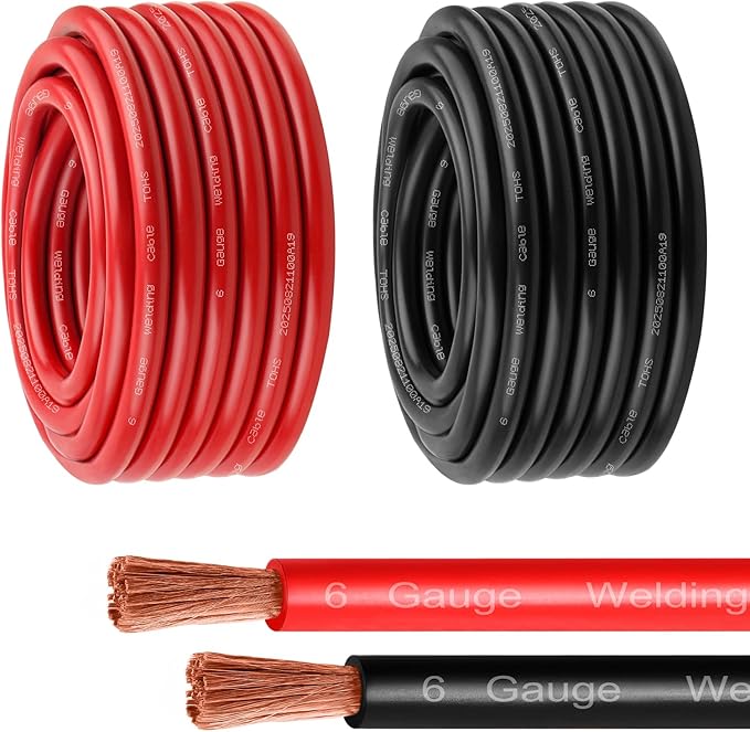 6 Gauge Battery Cable - 30FT Red + 30FT Black 6 AWG Welding Cable Flexible Stranded Oxygen-Free Pure Copper Wire for Automotive, Battery, Inverter, Solar, Marine and Generator