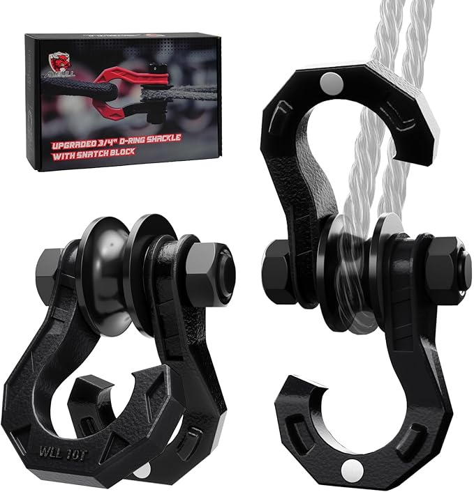 D Ring Separate Shackle with Snatch Block 2 Set, 3/4" Shackles w/Snatch Block Pulley, Heavy Duty Shackle for Towing Winch, Pulley for Off-Road Vehicle Recovery, Truck, ATV, UTV, BlackBlack